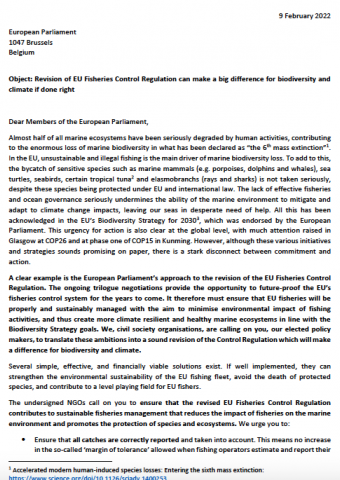 Revision of EU Fisheries Control Regulation can make a big difference for biodiversity and climate if done right: open letter to the European Parliament